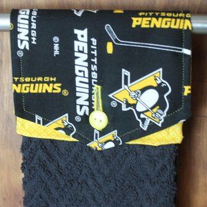 PITTSBURGH PENGUINS PRINT BLACK & YELLOW HANDMADE HANGING KITCHEN BLACK TOWEL